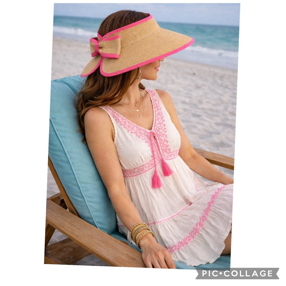 JACOBSON PACKABLE BOW SUN STRAW VISOR PINK TRIM BOW GARDENING BEACH VACATION
